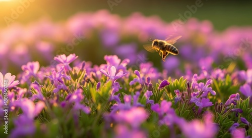 A honeybee in flight, illuminated by golden hour sunlight, gracefully navigating a vibrant field of purple flowers.