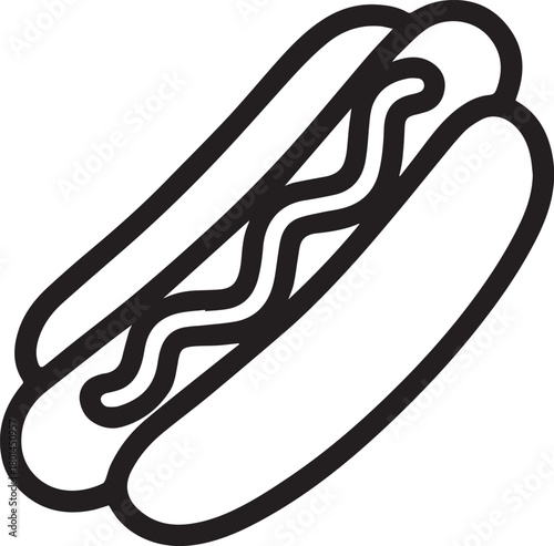 An inviting artistic outline of a hotdog, perfect for use in any food-related design project. It conveys a sense of culinary simplicity and classic comfort.