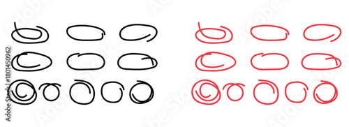 Hand Drawn Circle and Oval Highlighter Scribble Marks in Black and Red Colors, Annotation and Focus Marker Vector Set