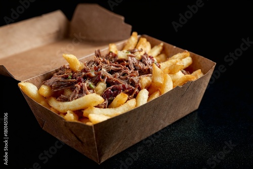 Pulled beef and fries in takeaway box on dark background