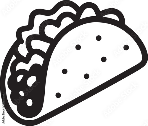 A simple, bold illustration of a delicious taco, rendered in black and white, invites the viewer to savor the flavors and textures of a classic Mexican dish.