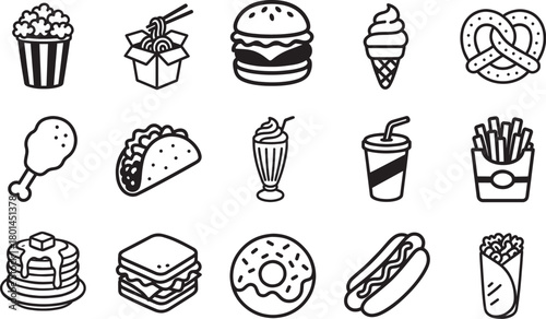 A mouthwatering array of fast food, depicted in a stylish minimalist line art, tantalizes the viewer with its diverse selection of comforting and convenient culinary treats.