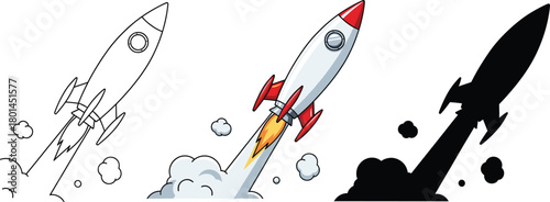 Cartoon Rocket Launch Icon Set - Outline, Color, and Silhouette Vector