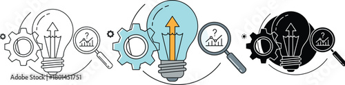 Idea Analysis and Development Icon - Light Bulb, Magnifier, and Gear Vector