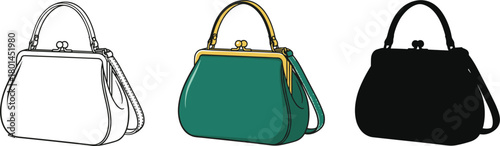 Vintage Women's Clasp Handbag Icon Set - Outline, Color, and Silhouette Vector