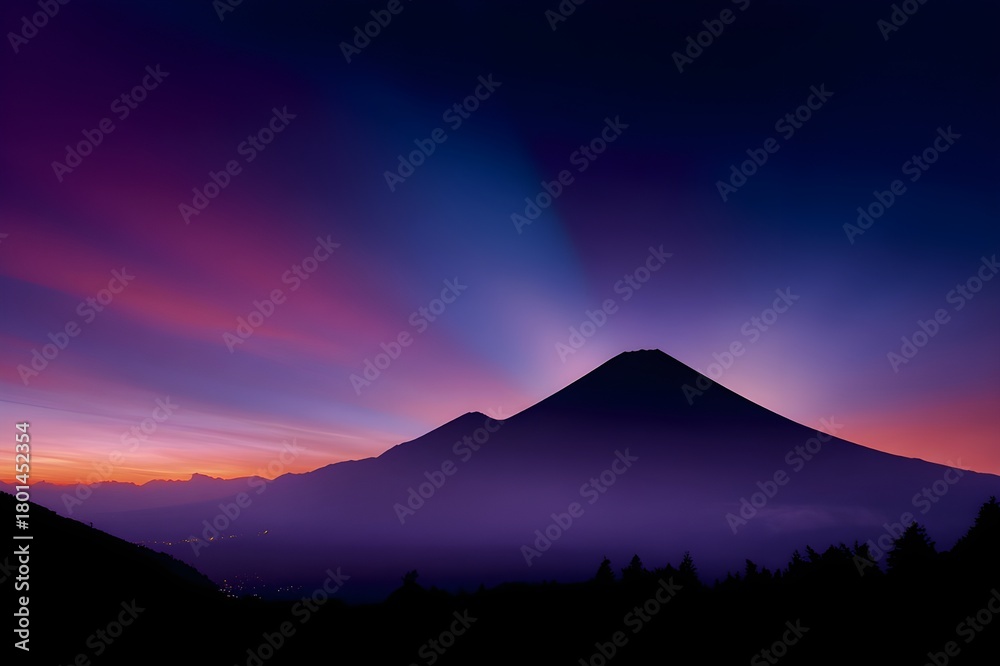 Fototapeta premium Silhouette of Volcano Against Colorful Twilight Sky Majestic Landscape Sunset Photography