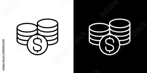 Financial prosperity and wealth management icon featuring stacked currency coins with a prominent dollar sign, symbolizing banking, investment, and economic growth