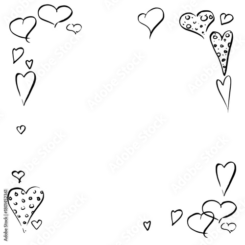 Ink heart doodles forming square corner border, polka dots fill, cute and playful. Hand drawn vector illustration. Valentine greeting card, romantic invitation template, love-themed photo frame.