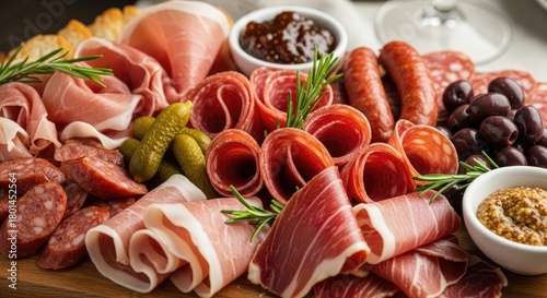 Gourmet Charcuterie Board with Assorted Cured Meats, Pickles, Olives, Rosemary, Fig Jam, and Whole Grain Mustard