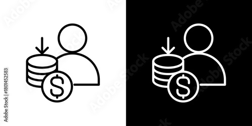Minimalist line icon representing a person with dollar coins and a downward arrow, symbolizing financial withdrawal, expense, or fund reduction for various digital applications