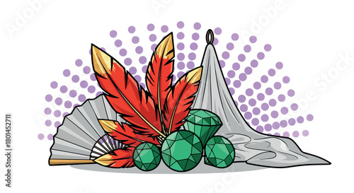 Feathers, fan, gems, and fabric still life