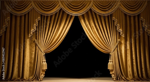 Grand Golden Velvet Stage Curtains with Ornate Drapes and Tassels, Partially Opened to Reveal a Dark Theater Stage and Wooden Floor.