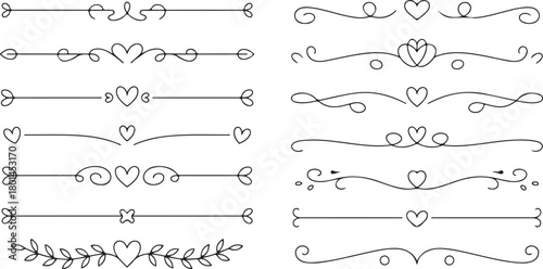 Several hand drawn heart themed dividers show intricate swirls on a white background