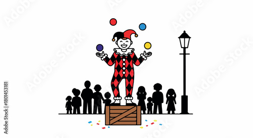 Jester performing for children crowd with confetti