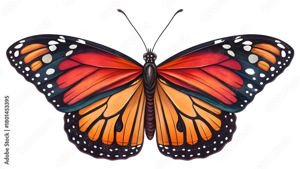 Fototapeta premium Vibrant Monarch Butterfly with Wings Spread Isolated on White. Stunning Graphic Illustration of a Detailed Orange and Black Butterfly