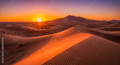 Vibrant Desert Sunset over Majestic Sand Dunes with Golden Light and Dramatic Shadows