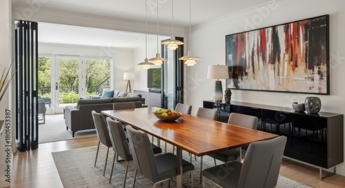 Wallpaper Mural Elegant Open-Concept Dining and Living Room with Modern Wood Table, Grey Chairs, Contemporary Art, and Bright Nature Views Torontodigital.ca