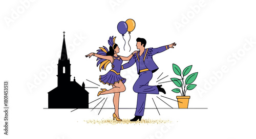 Carnival dancers celebrating with balloons and church background