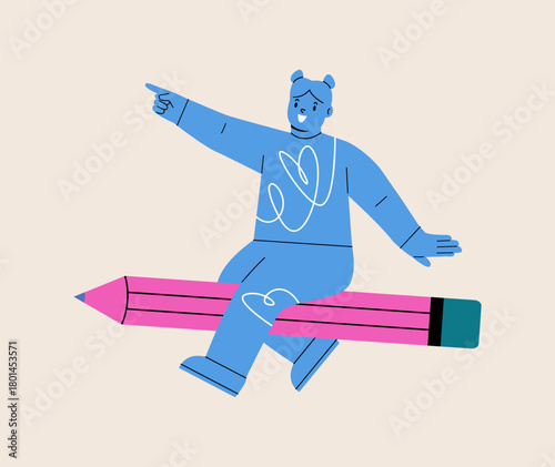 Girl fly with pencil. Colorful vector illustration.