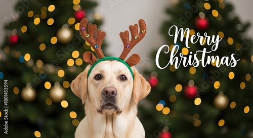 Cute Labrador Dog in Reindeer Antlers Wishing Merry Christmas with Blurred Lights and Christmas Trees