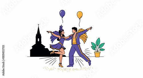 Carnival dancers celebrating with balloons and church background