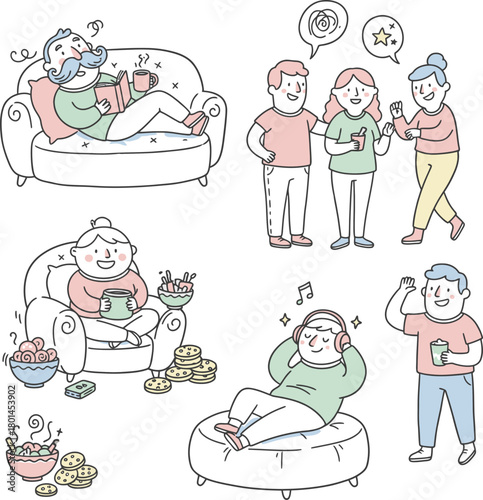 Relaxing characters enjoying leisurely activities in comfortable settings