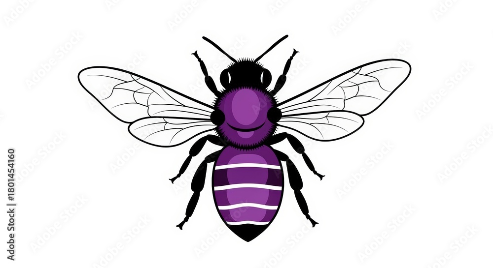 Fototapeta premium A vibrant purple bee with black stripes and transparent wings, depicted in a cartoon or vector style on a white background.