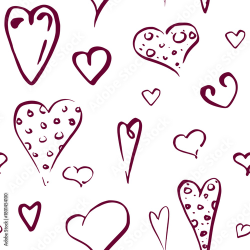 Romantic ink heart filled with polka dots pattern, cute doodles arranged in seamless repeat. Vector hand drawn illustration. Love wedding stationery, birthday greeting background, cute wrapping paper.