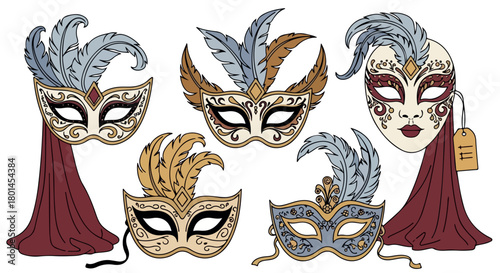 Venetian masks with feathers and fabric drapes