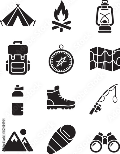 Adventure essentials icons for camping, hiking, and outdoors
