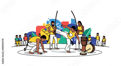 Capoeira performance with audience and vibrant background