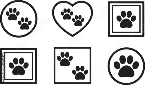 Six black paw prints appear within different shapes on a white background