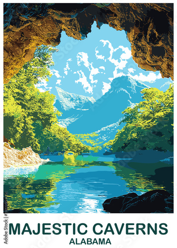 Scenic vector travel poster illustration of Majestic Caverns, Alabama, featuring a dramatic view from the cave mouth over a reflective river and mountains.