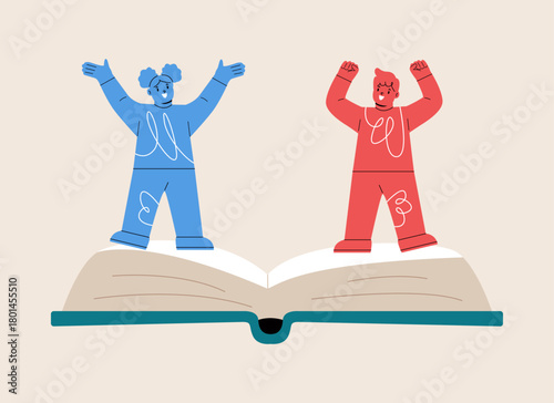 Happy boy and girl with book. Colorful vector illustration.