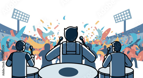 Sports crowd cheering with drummers and stadium lights