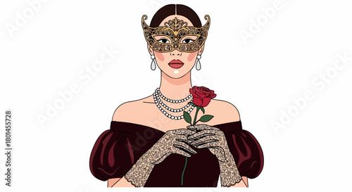 Masked woman with rose and gloves