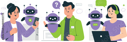 Smiling diverse people interact with robots and technology for support, all on transparent background