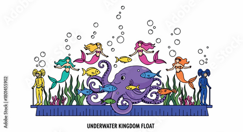 Underwater kingdom float with mermaids and sea creatures