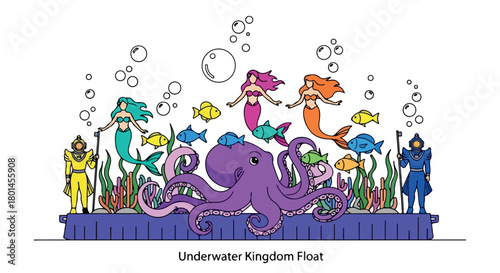 Underwater kingdom float with mermaids and sea creatures