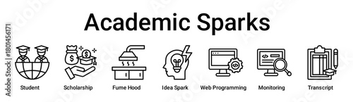 Academic Sparks banner web icon vector illustration concept for education with icon of Student, Scholarship, Fume Hood, Idea Spark, Web Programming, Monitoring.
