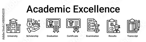 Academic Excellence banner web icon vector illustration concept for education with icon of University, Scholarship, Graduation, Certificate, Examination, Results.