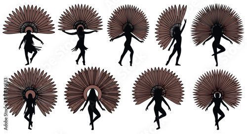 Dancer silhouettes with elaborate feathered headdresses