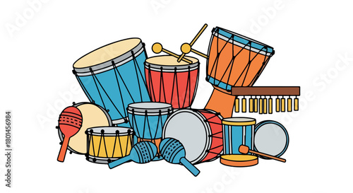 Colorful percussion instruments collection with transparent background