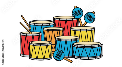 Colorful drums and percussion instruments