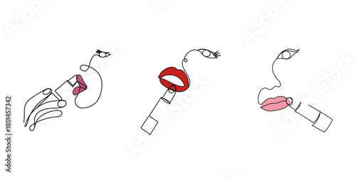 Minimalist line art womens lips with lipstick. Vector illustration set for beauty, fashion, makeup, cosmetics, skincare, self-care, glamour projects.