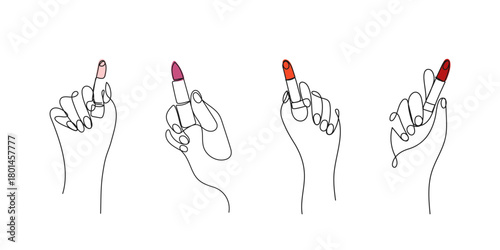 Minimalist line art hands holding lipsticks. Vector illustration for beauty, fashion, makeup, cosmetics, skincare, self-care, glamour projects.