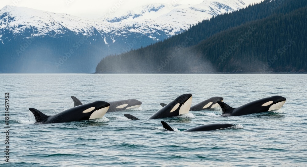 Obraz premium Pod of Orcas Surfacing in Alaskan Fjord Waters with Snow-Covered Mountains and Coniferous Forests