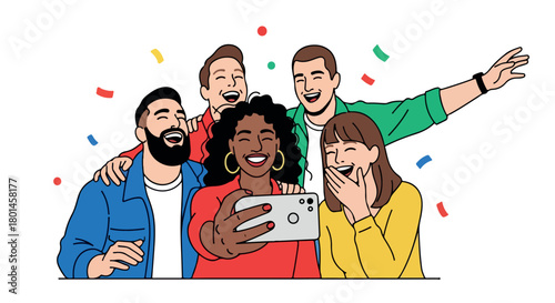 Friends taking selfie together celebrating with confetti