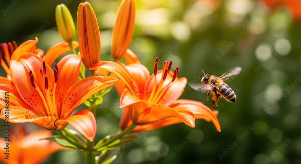 Obraz premium A busy bee flying towards a bright orange lily flower in a sunny garden, capturing a moment of pollination.