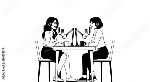 Creative women collaborate on podcast recording session in studio